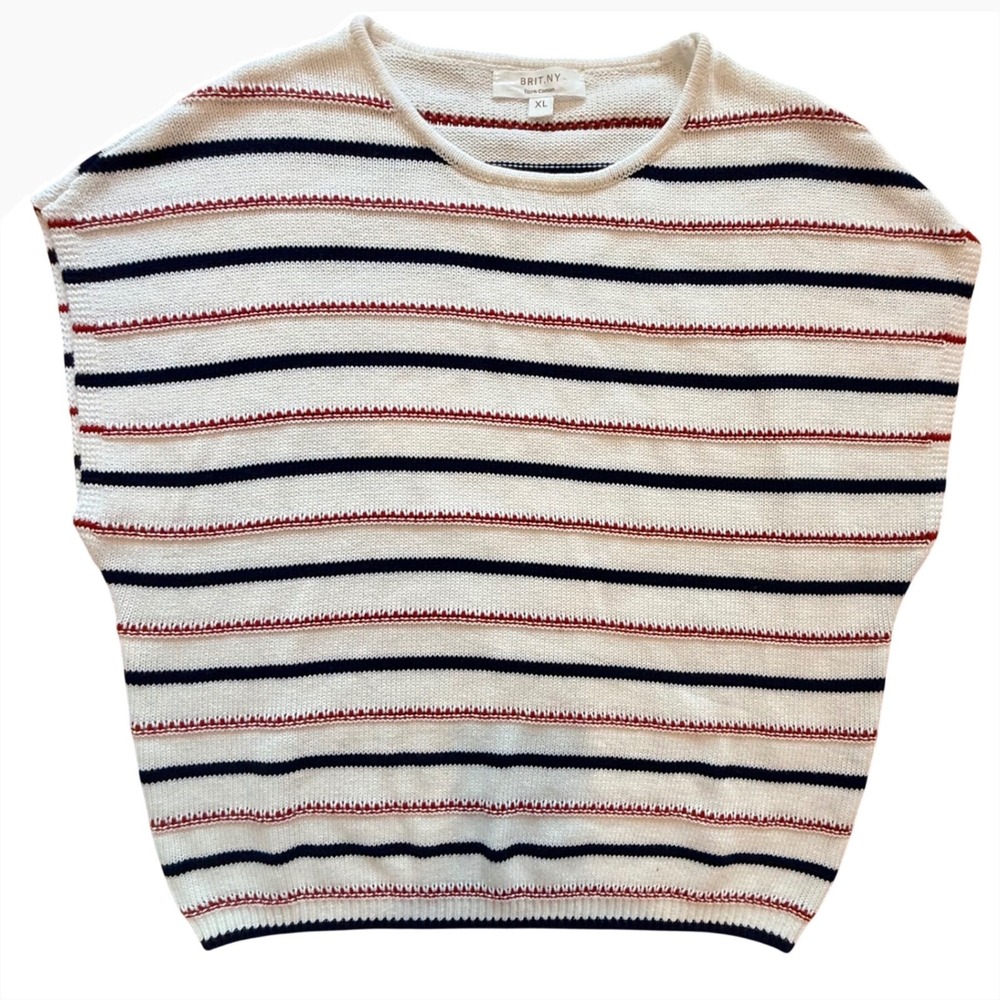 Brit.NY Womens XL Striped‎ Knit Sweater Vest 100% Cotton Nautical Navy Red White
